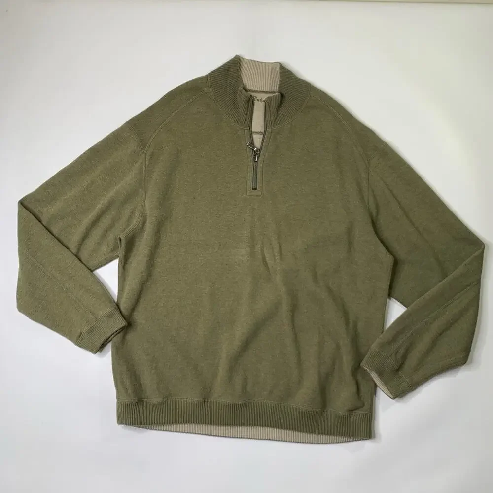 Tommy Bahama Sweater Mens L Large Ivy Tan Flip Side Classic 1/4 Zip Reversible
